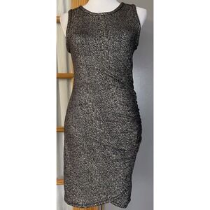 Vtg Free Press Metallic Bodycon Dress Sz S Gold Side Ruched Clubwear USA Made